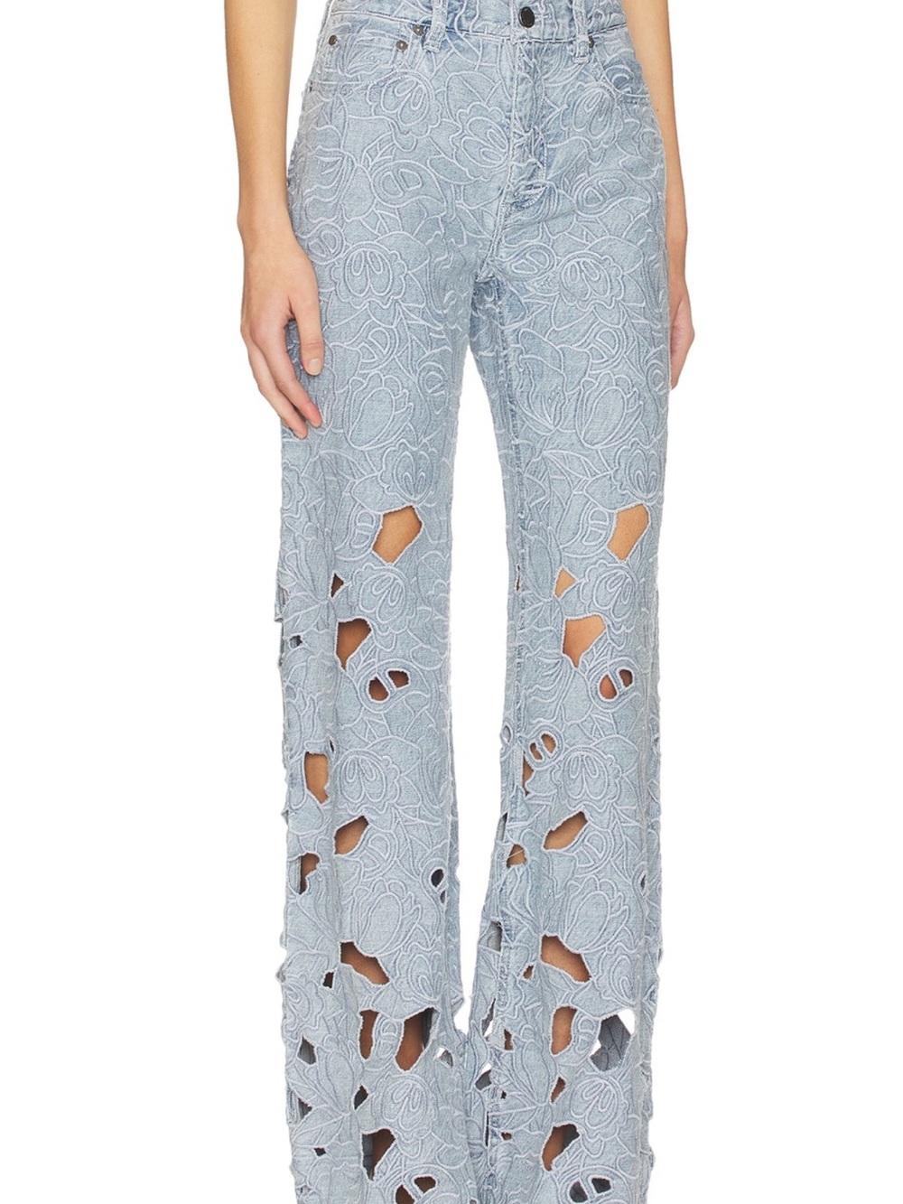 Alice + Olivia Chic Eyelet Jeans Rockstar Blue Lace Cutout Wide-Leg Size 30 NEW